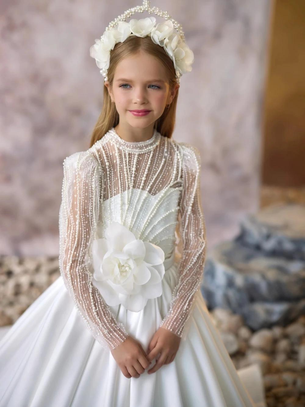 Robe de princesse longue en Satin pour filles, tenue de princesse à paillettes et perles, avec fleur