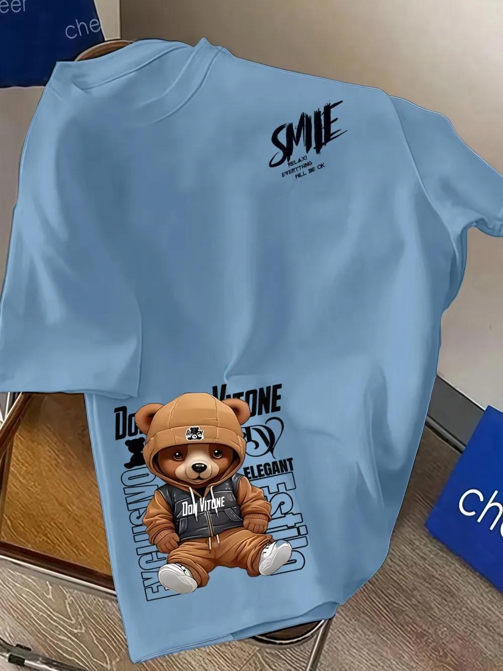 Nouveau T-shirt d'été pour hommes, style européen et américain, à col rond, imprimé motif ours et le