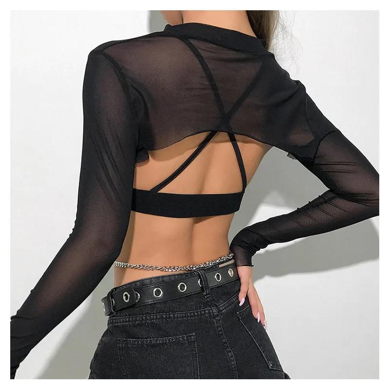 Sexy femmes haut court maille manches T-Shirt Sexy hauts évider Transparent hauts dames T-Shirt haut