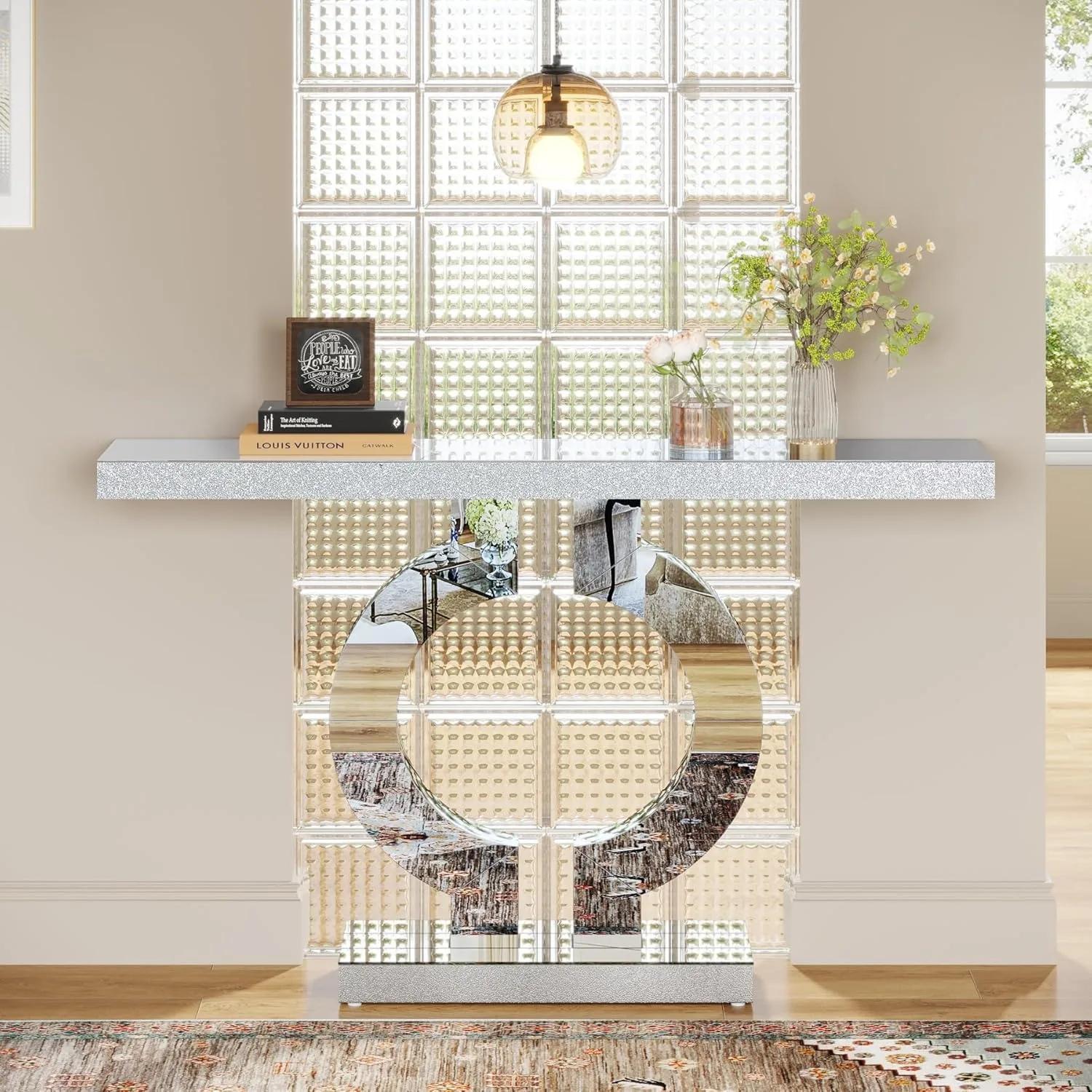Table console en miroir avec base en forme de O, table d'entrée, table de canapé en verre avec finit