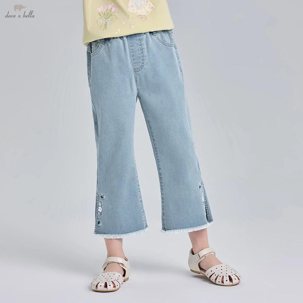 Pantalon d'été brodé pour filles Dave Bella, décontracté, taille élastique, poches, coupe bootcut, j
