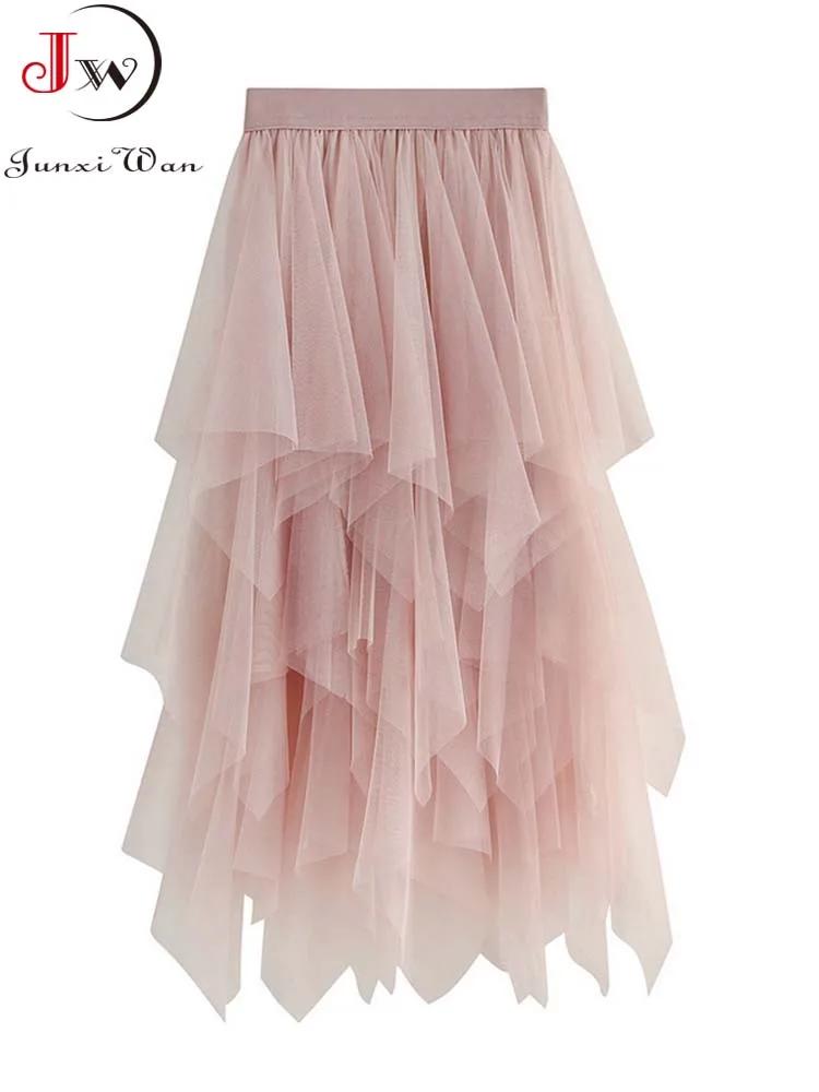 Jupes mi-longues taille haute pour femmes, jupes en tulle monochromes, maille blanche élégante et ch