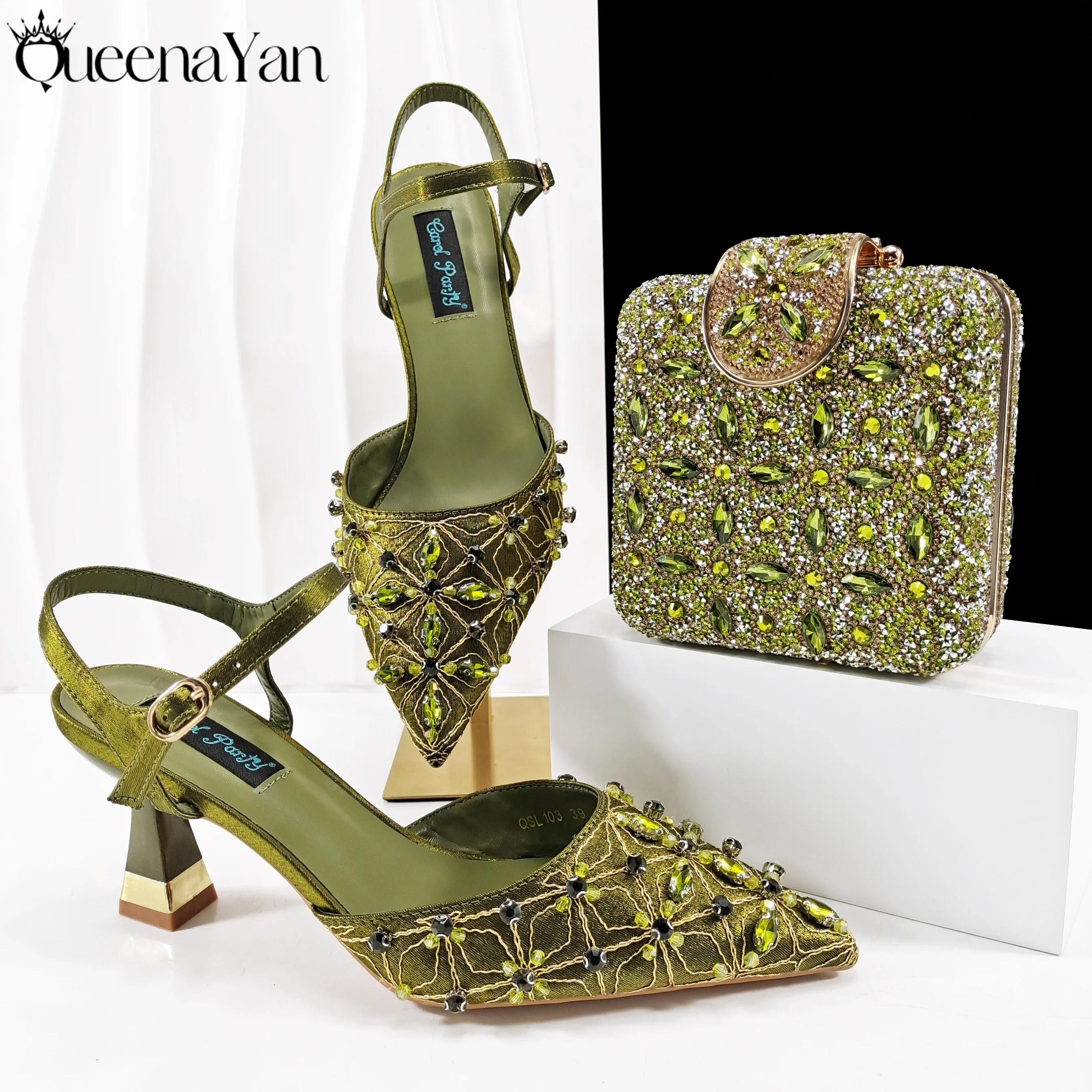Ensemble de talons hauts et de sacs brodés pour femmes, Style Mature élégant, couleur Olive, bout po