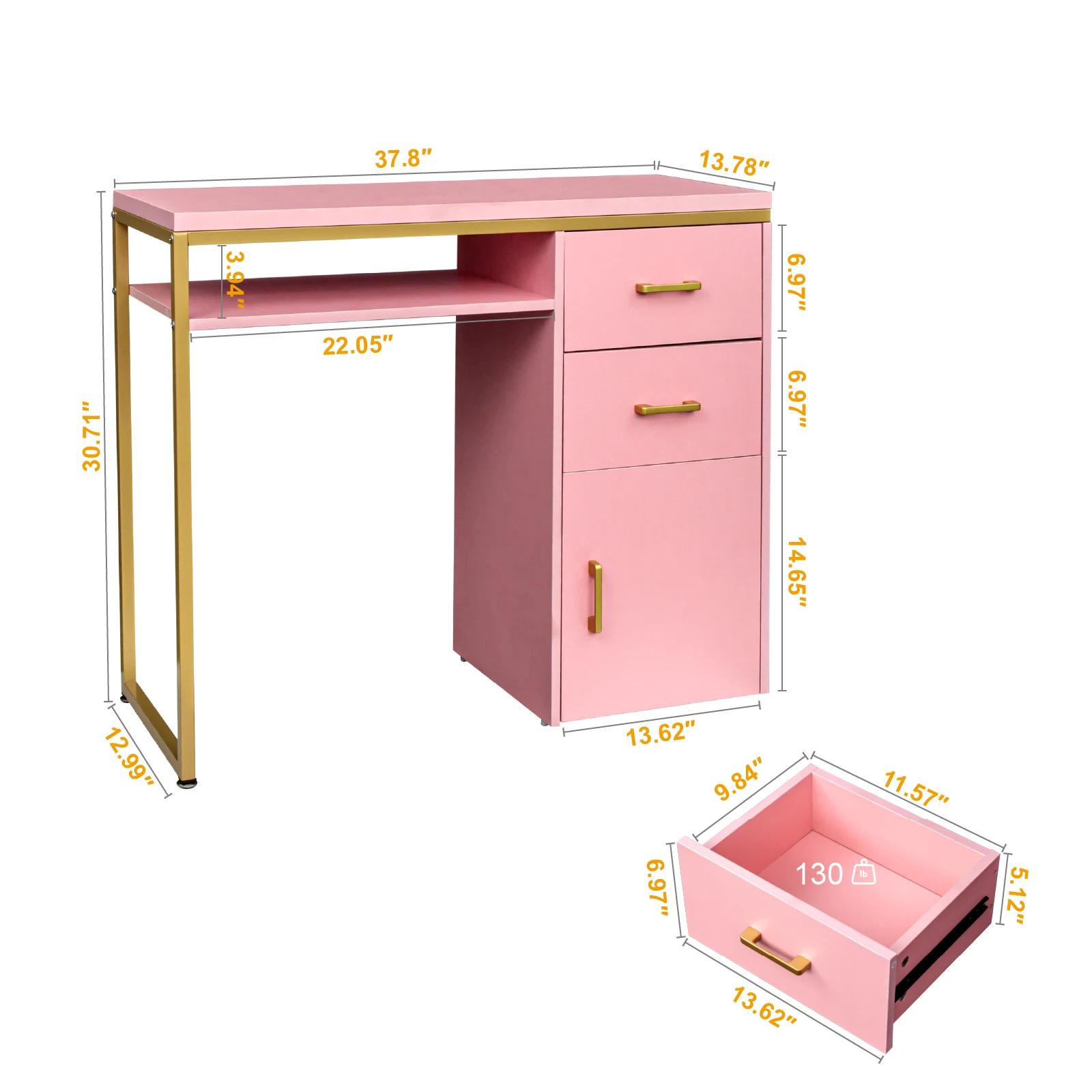 FCH-Tuyau de fer en panneau de particules rose, 2 tiroirs, 1 porte de bureau d'ordinateur, peut être