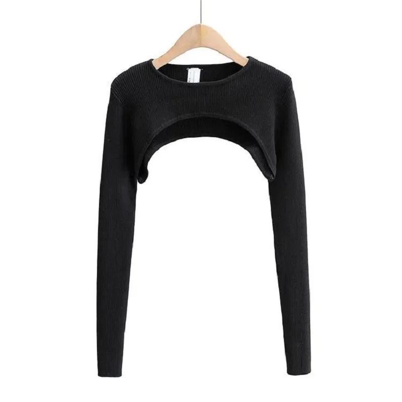 T-shirt tricoté à manches longues pour femmes, vêtements esthétiques Y2k, col rond, noir et blanc, S