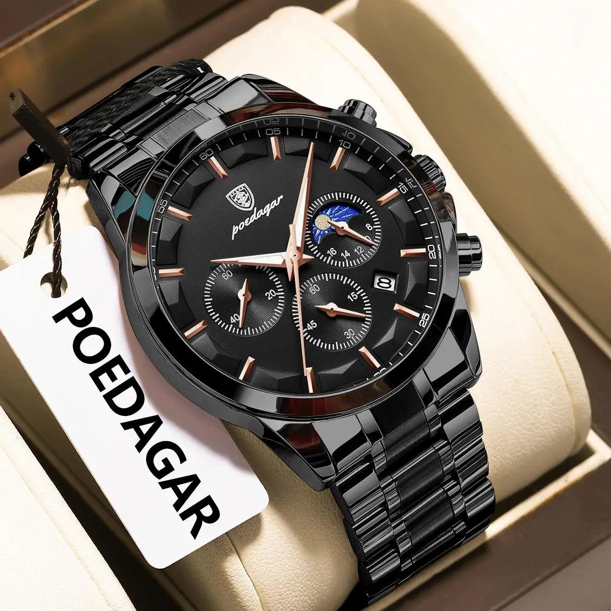 POEDAGAR Top mode hommes montres étanche lumineux en acier inoxydable hommes montre-bracelet chronog