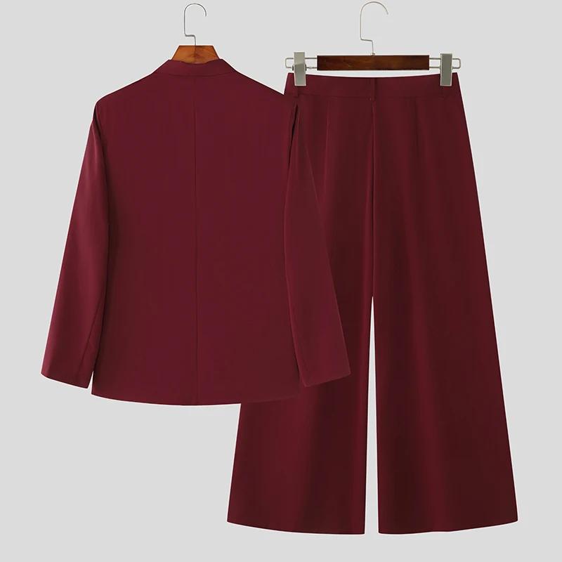 INCERUN hommes ensembles couleur unie Double boutonnage à manches longues Blazer et pantalon deux pi