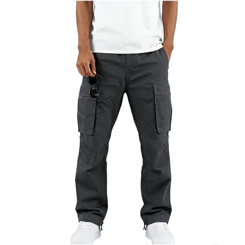Pantalon cargo en polyester tissé pour homme, multi-poches, coupe droite, taille à cordon, vêtements