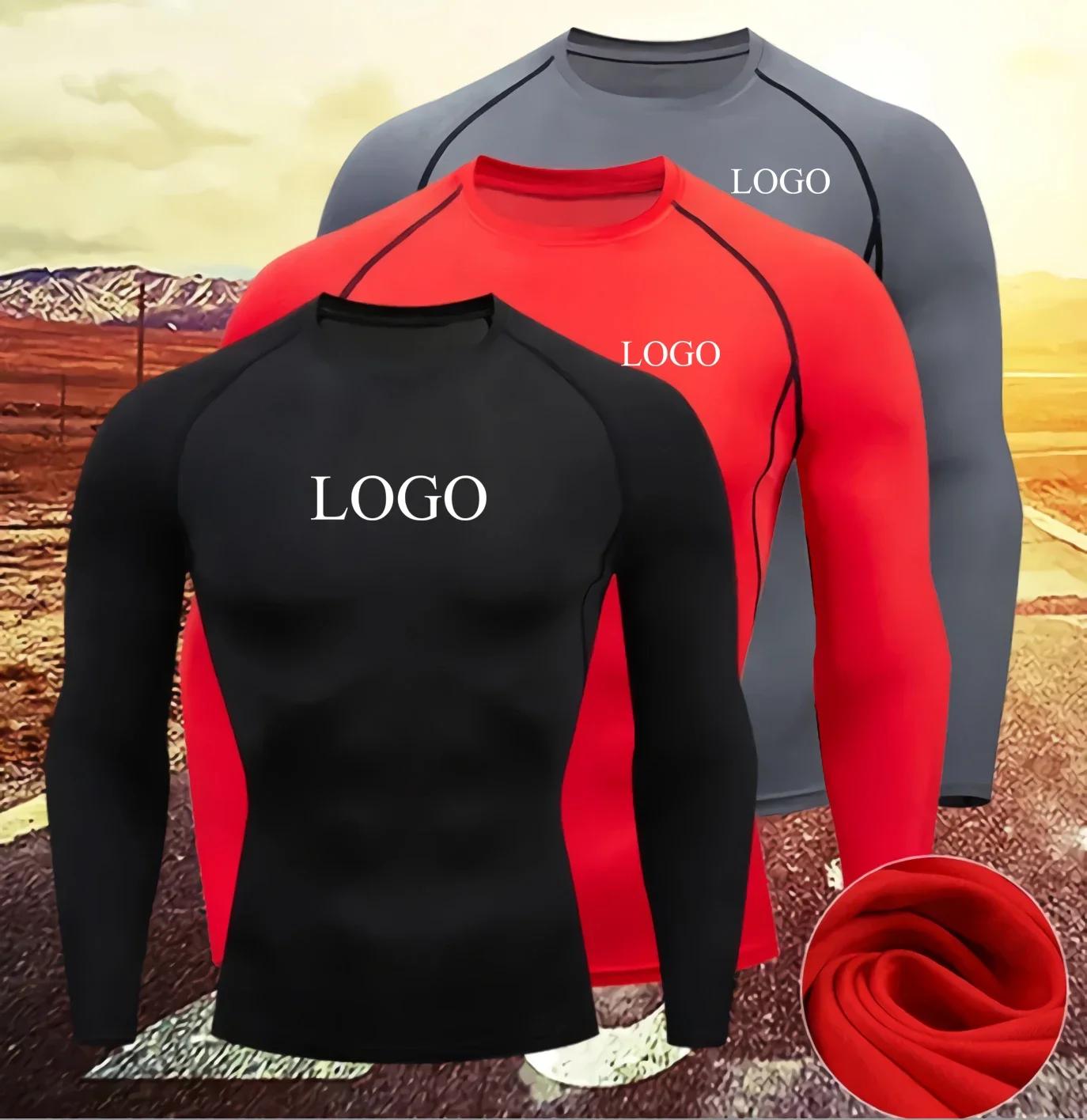 Haut de course pour hommes, Logo personnalisé imprimé, chemise ajustée, manches longues, sous-vêteme