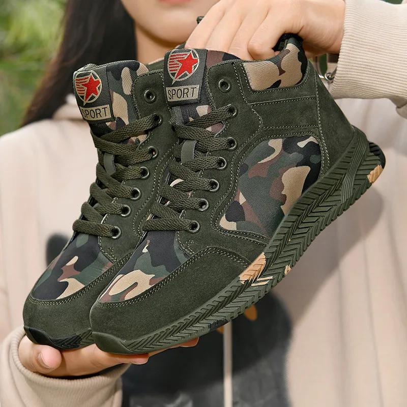 Baskets montantes en toile camouflage pour hommes, chaussures de marche décontractées à lacets, anti