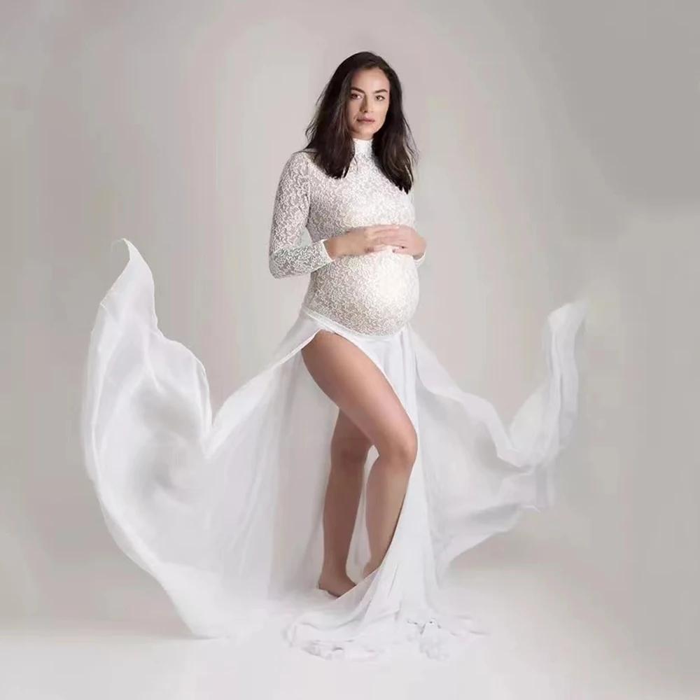 Robe d'accessoires de photographie de maternité, body en dentelle extensible, jupe fendue sur les cô