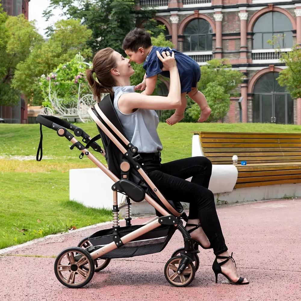 Poussette bébé pliable 3-en-1, poussette haute avec capote réglable et amortisseur, chariot portable
