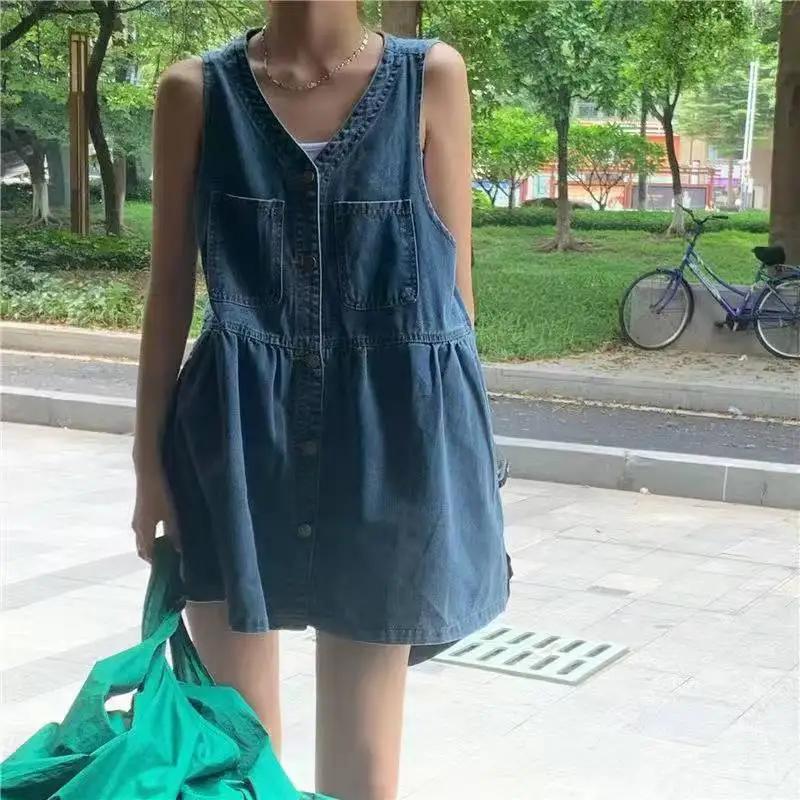 Robe d'été sans manches à bretelles pour femme, style coréen, en jean, coupe ample, mini-robe trapèz
