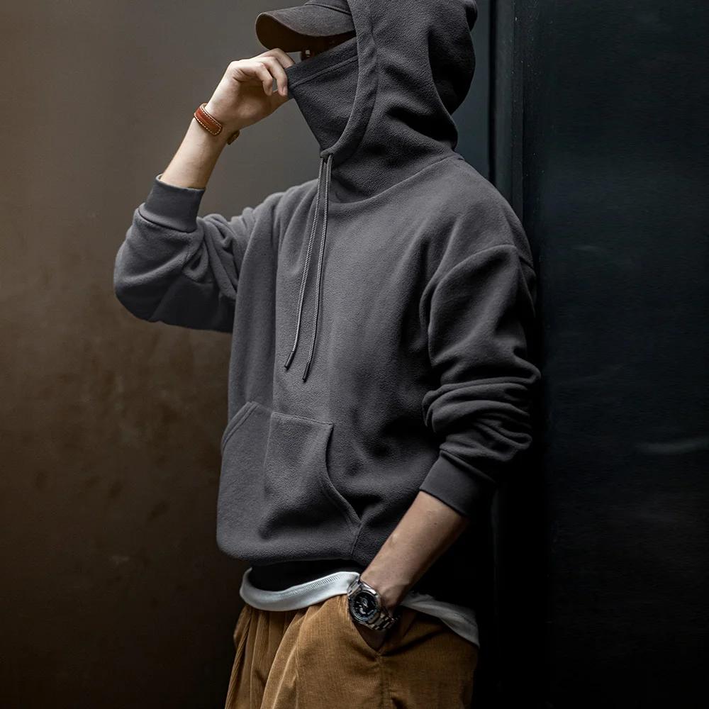 Maden Sweat-shirt à capuche en polaire décontracté, couleur unie, coupe-vent, avec masque facial, ha