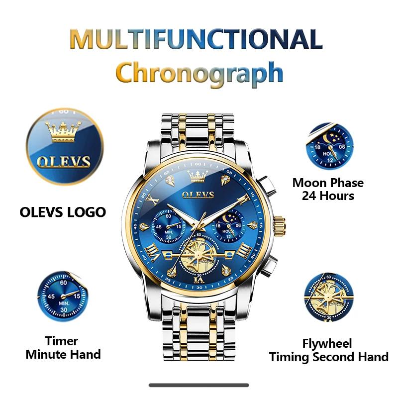OLEVS-Montre-bracelet classique à quartz pour homme, chronographe multifonctionnel, phase de lune or