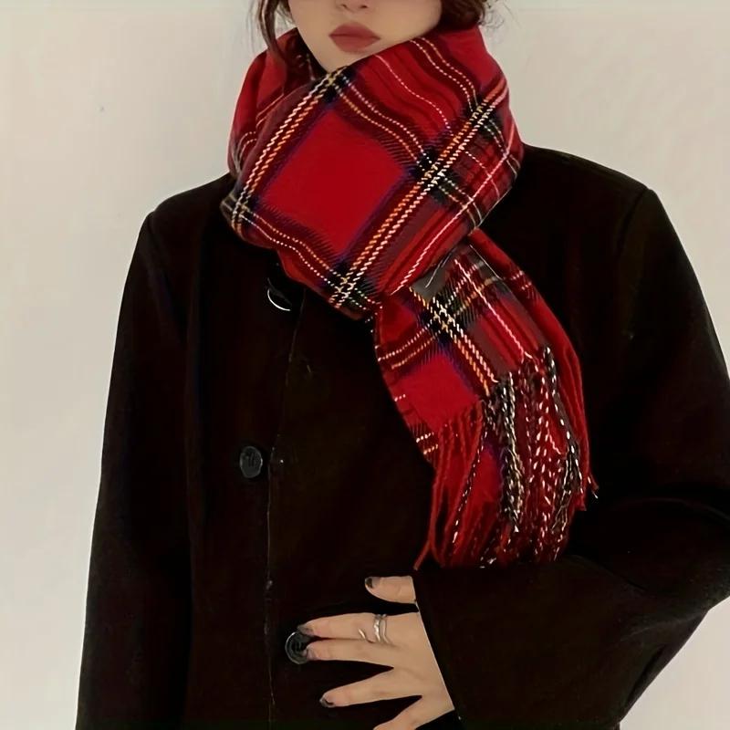 Écharpe à pampilles Tartan rouge, élégante, Vintage, décoration, écharpe de cou, automne hiver, rési