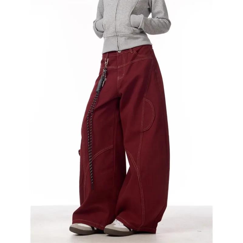 Cargo rouge jean décontracté femmes vêtements de travail pantalon ample droit jambe large pantalon p