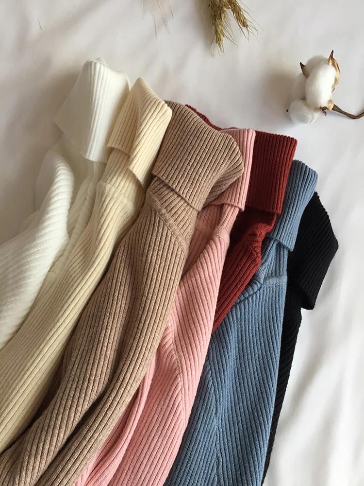 Pull tricoté côtelé épais pour femme, col roulé, manches longues, coupe ajustée, doux et chaud, coll