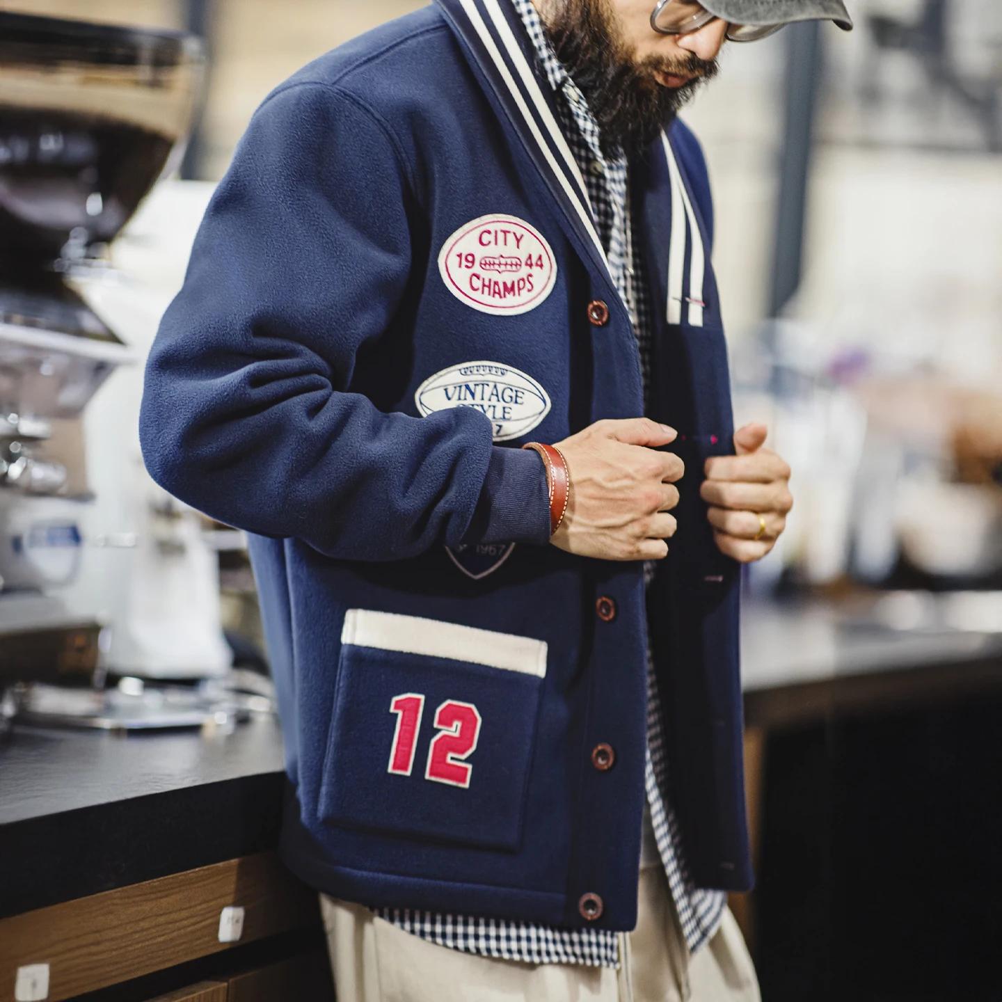 Maden Vintage Veste de baseball en polaire pour homme avec col châle et badge brodé pour l'automne e