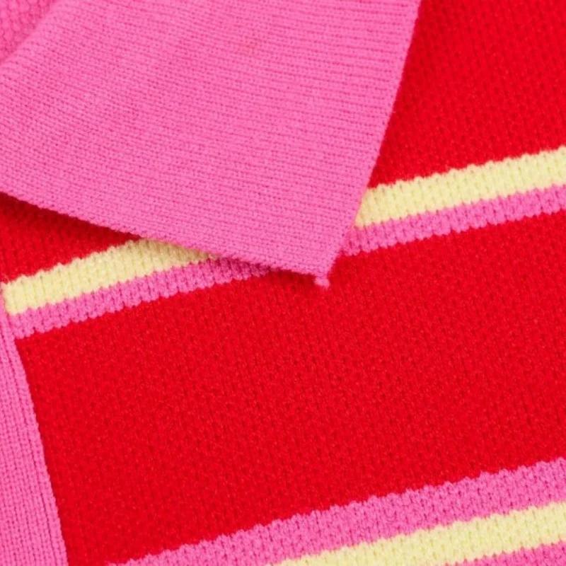 Pull en maille rayé rose et rouge - Haut ample à col rabattu et manches longues pour femme, tenue dé