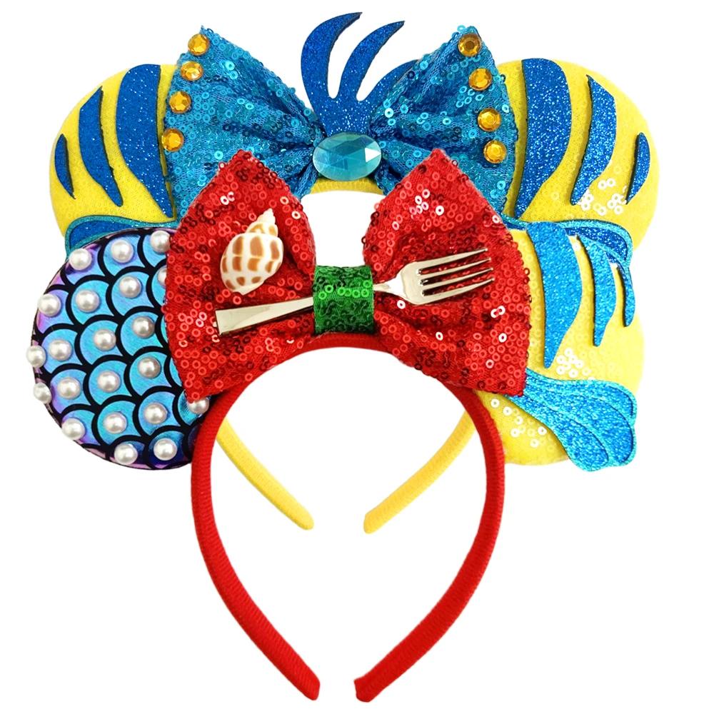 Bandeaux oreilles de Mickey Mouse série sirène pour femmes, accessoires de cheveux de fête, nœuds à 