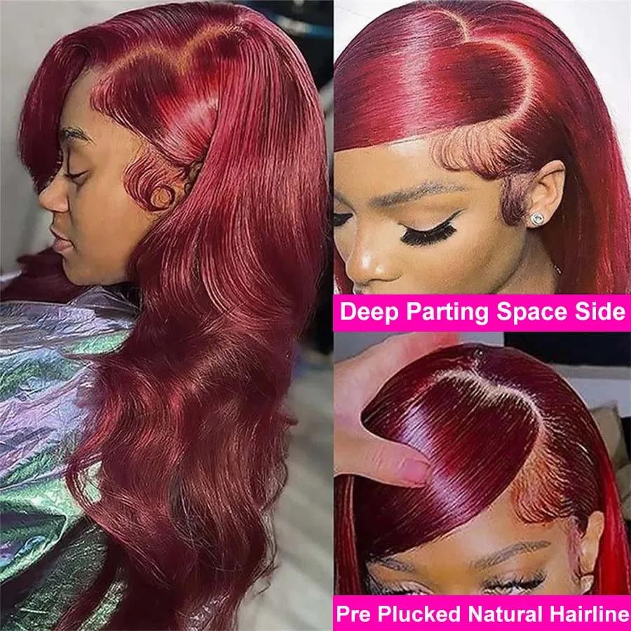 Perruque Lace Front Wig Body Wave Brésilienne Naturelle, Cheveux Humains, Bordeaux 99J, 13x6 HD, 13x
