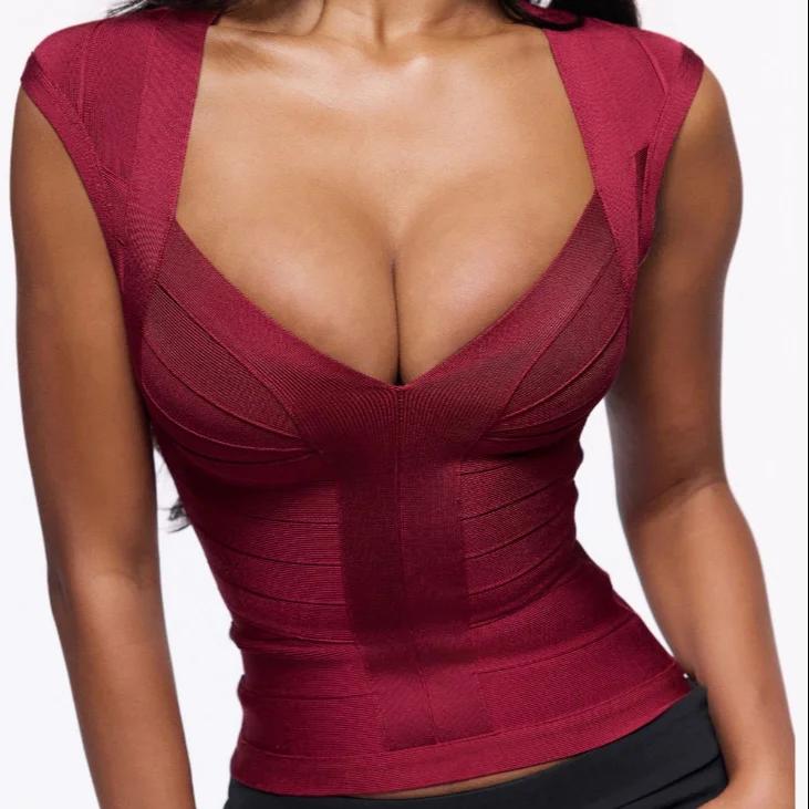Débardeur moulant à col en V profond pour femme, style bandage, couleur unie, élastique, printemps-é