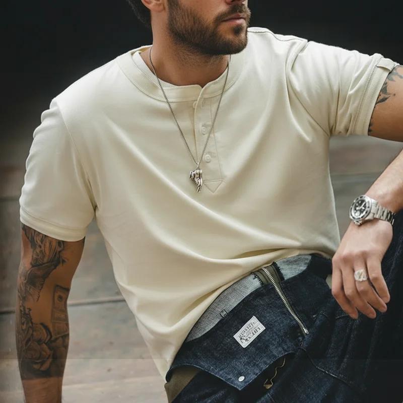 Maden-T-shirt Henry en coton doux et respirant pour homme, t-shirt vintage, monochromatique, décontr