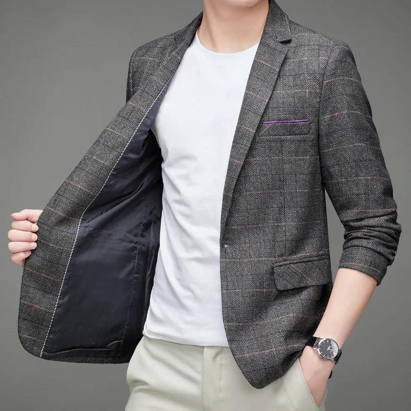 Veste de costume formelle pour homme avec col plat et motif à carreaux uni, un haut de costume éléga