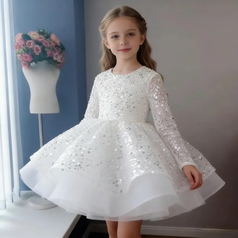 Robe de princesse pour filles, tenue de cérémonie, robe blanche à sequins pour anniversaire, tutu po
