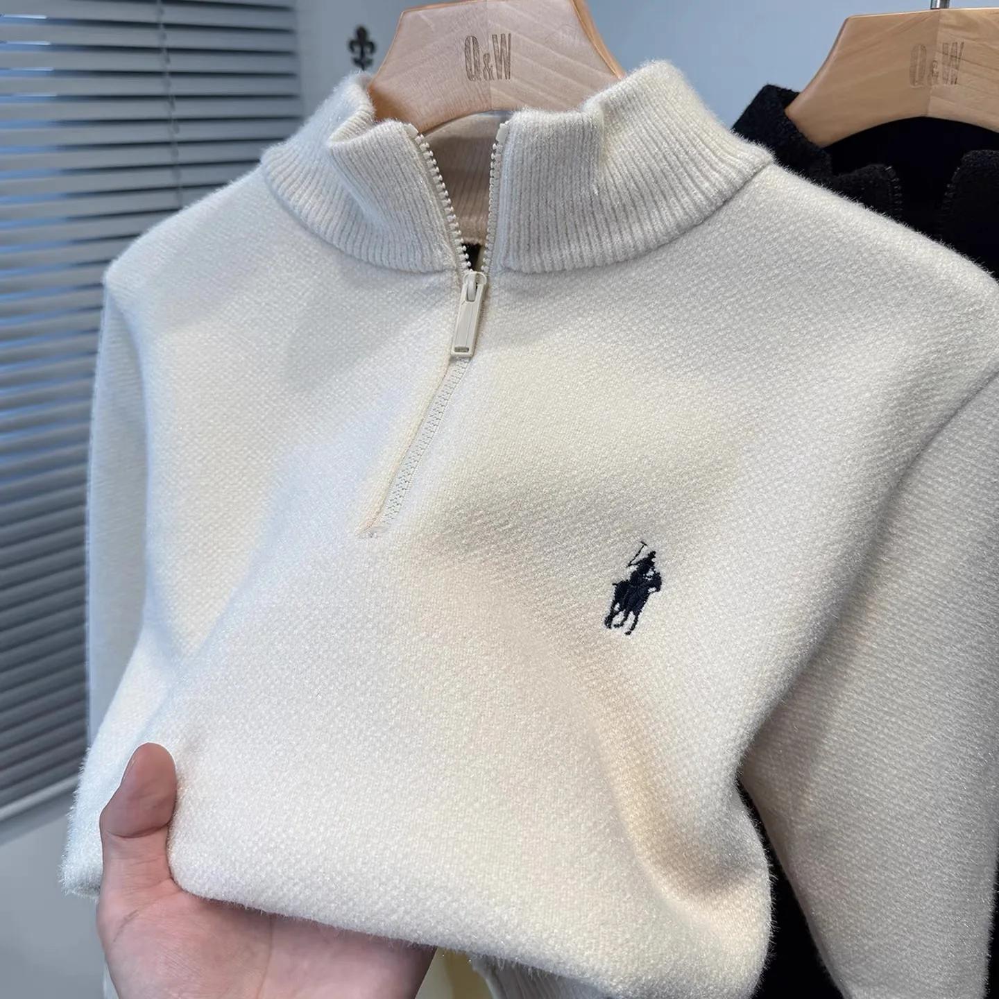 Marque de luxe zip demi col roulé pull hommes haut de gamme mode poney Golf broderie hiver velours é
