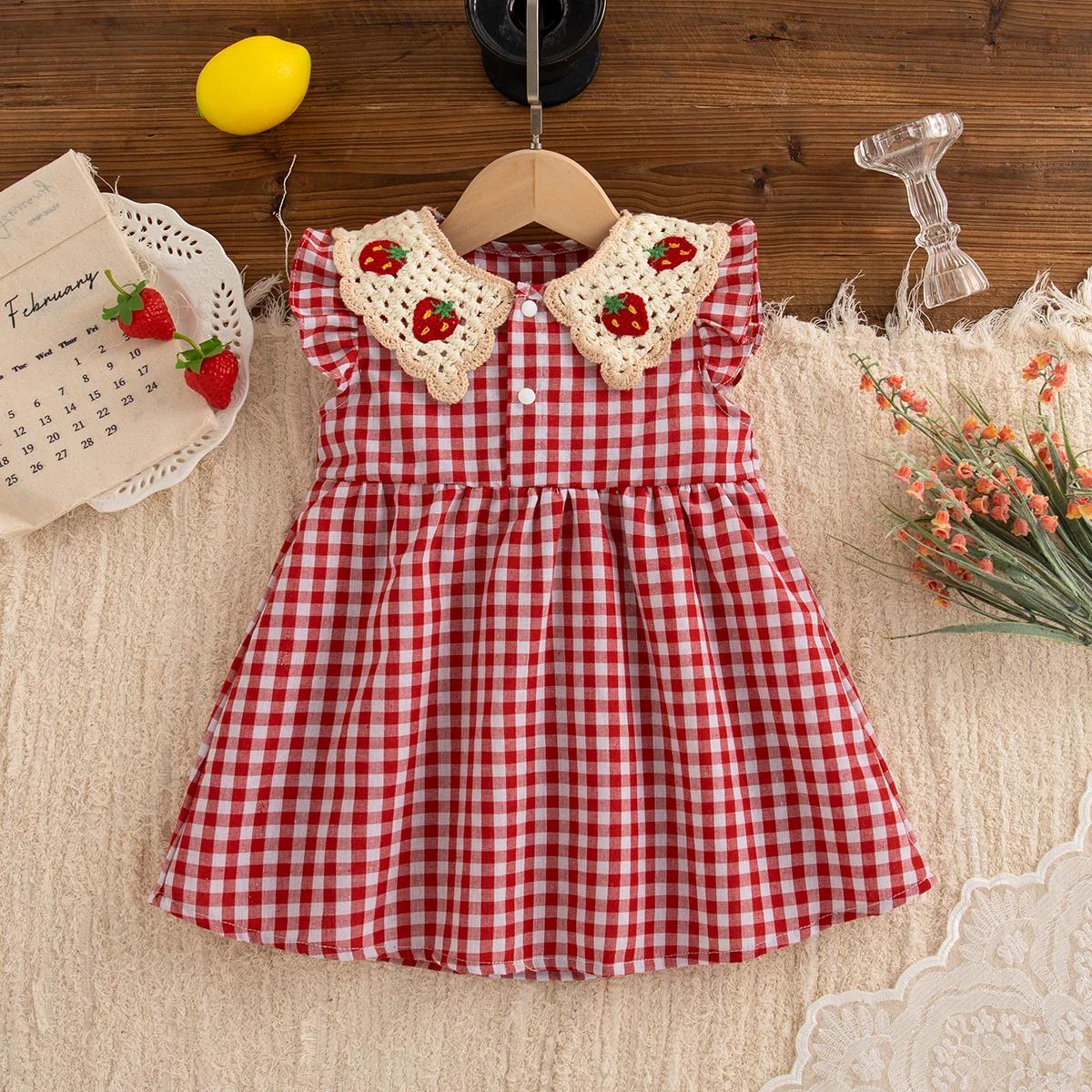 Robe d'été en coton à carreaux rouges pour bébé fille, jolie robe de plage à revers fraise