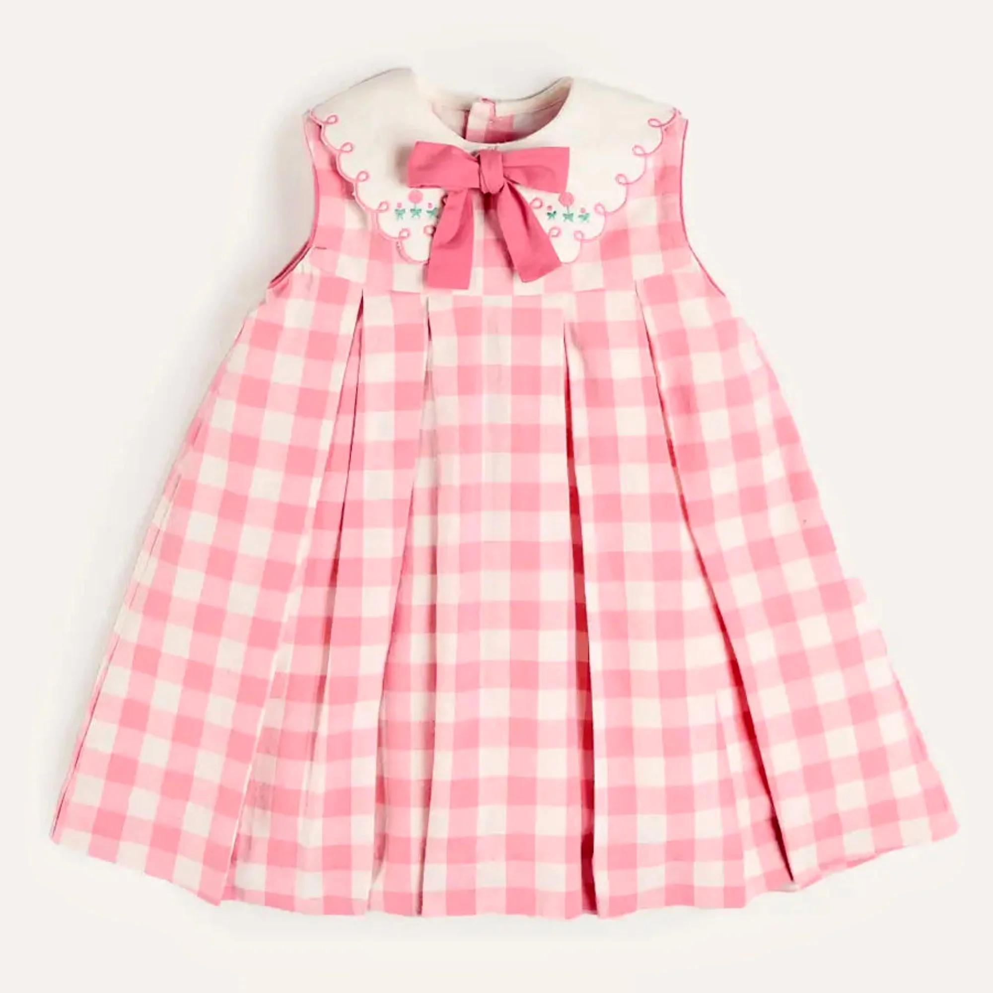 Robe rose à carreaux brodée sans manches pour fille, tenue mignonne pour les vacances d'été, robes p