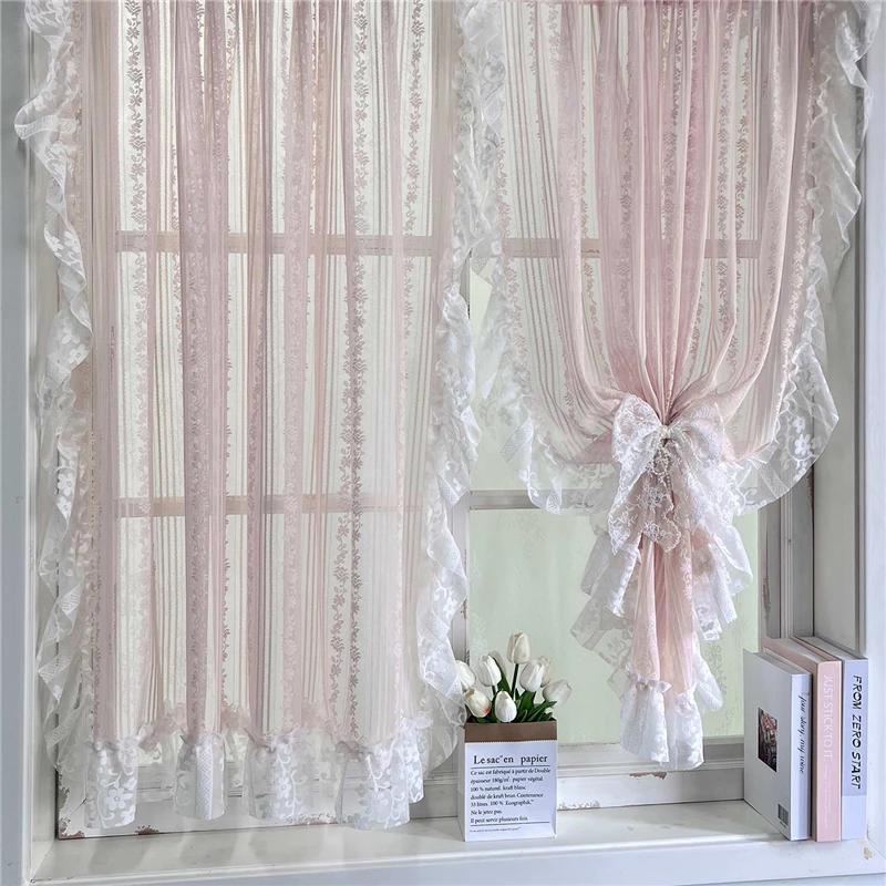 Rideau transparent en dentelle à fleurs rayées roses, romantique coréen, avec poche en dentelle à vo