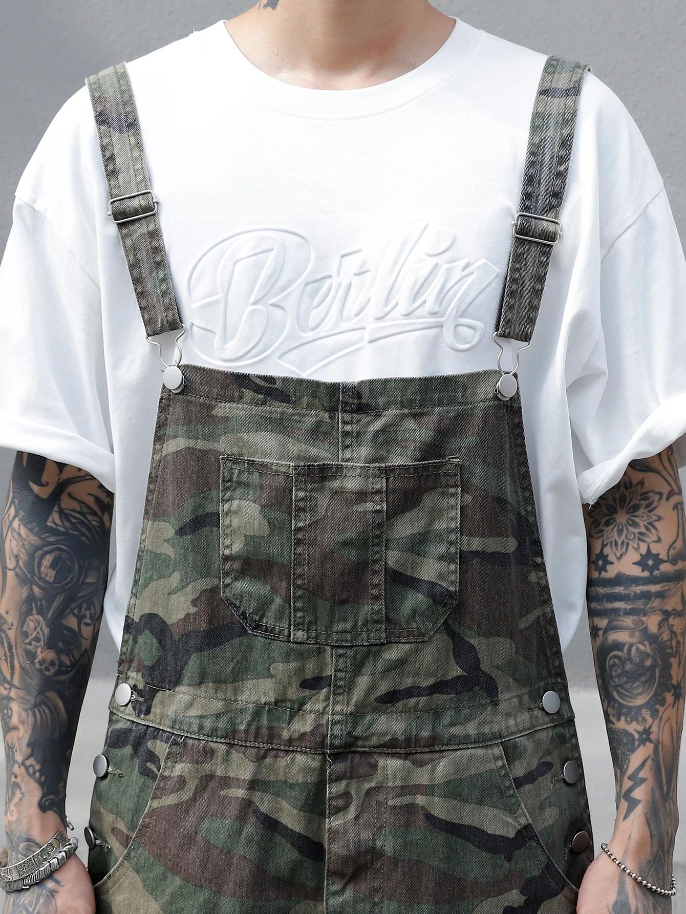 Salopette en jean imprimé camouflage multi-poches pour hommes – Coton, non élastique, lavable en mac