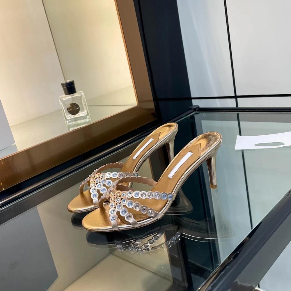 Sandales dorées à talons hauts pour femmes 2026 – Nouveauté mode, mules élégantes en strass et crist