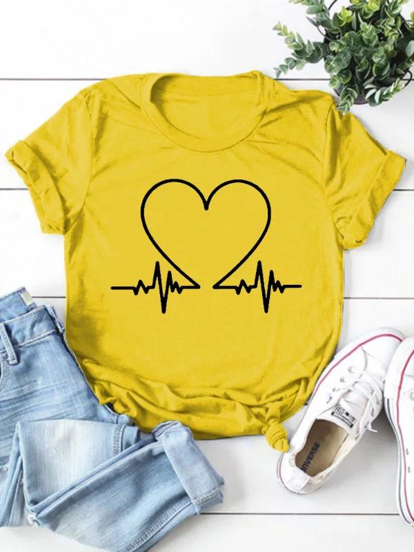 T-shirt à manches courtes et col rond pour femme, électrocardiogramme, imprimé cœur, t-shirt pour fe