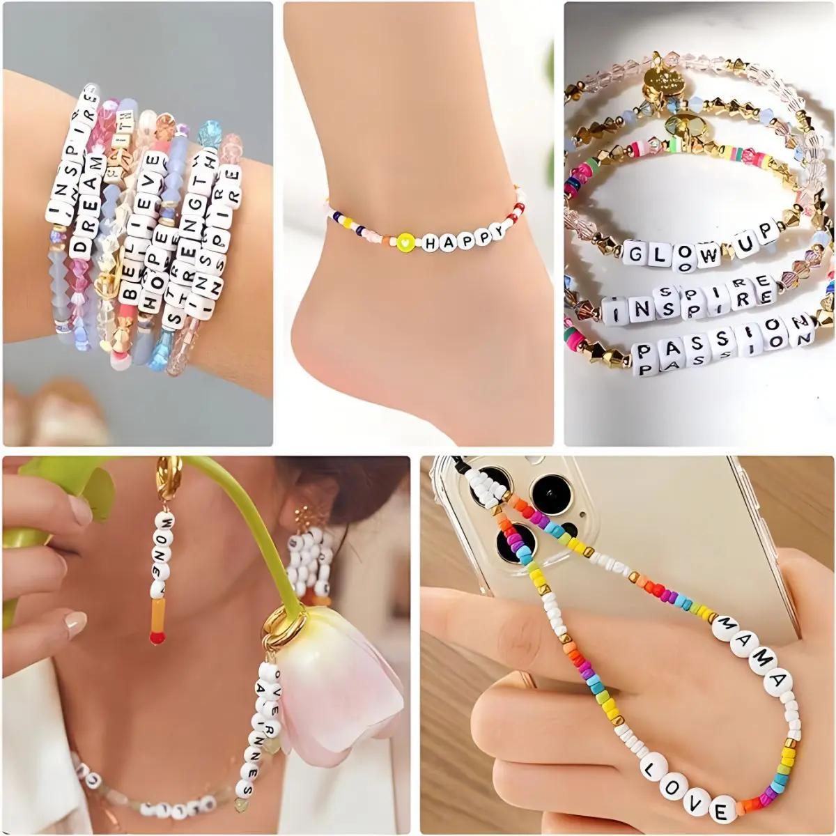 1200 pièces de perles rondes avec lettres pour la fabrication de bijoux, avec ligne de cristal, Kits