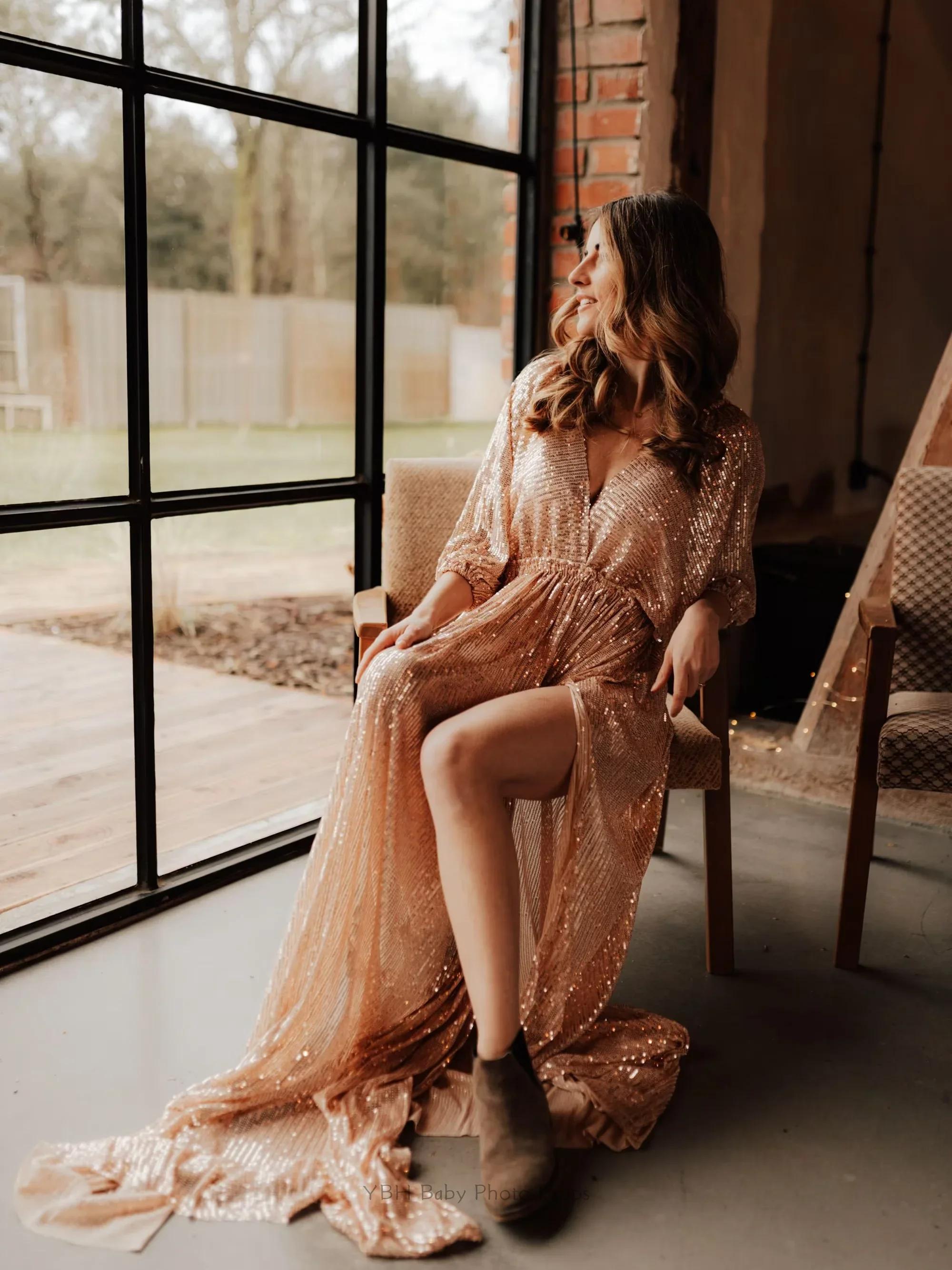 Robe d'accessoires de photographie de maternité, élégante, Vintage, à paillettes, col en v, pour acc