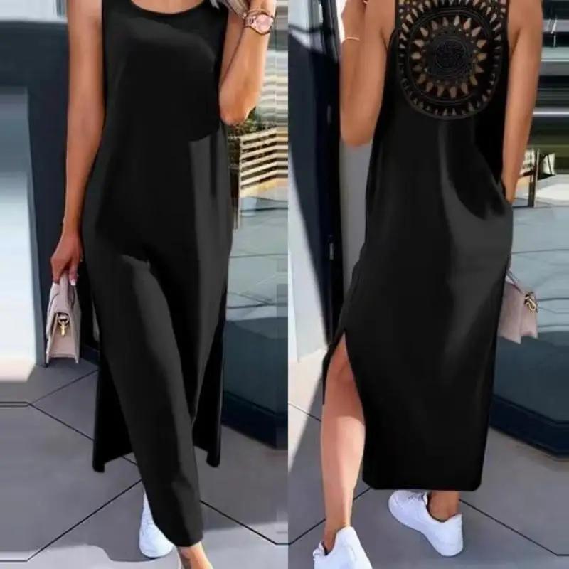 Robe d'été sans manches, ajourée, Sexy, ample, mode, fente unie, robes décontractées, col rond, mi-l