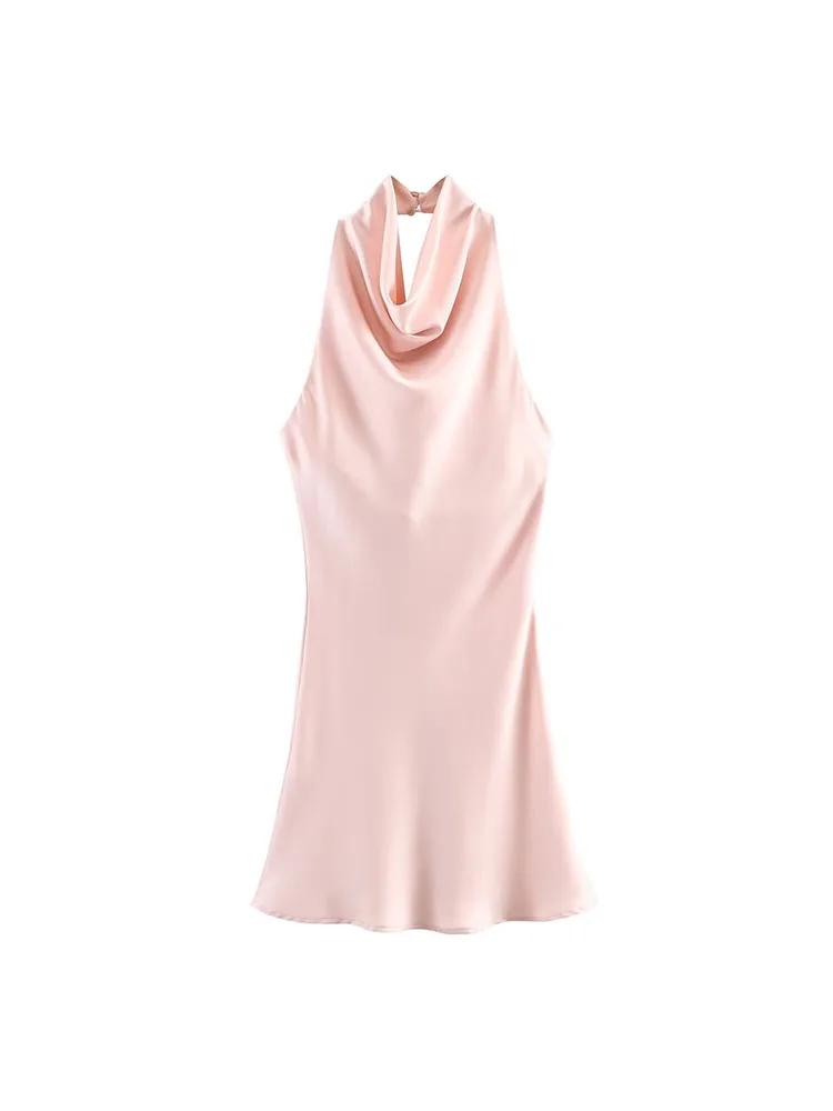Robe Courte Halter Élégante en Satin pour Femme – Collection Été 2026 – Sexy, Dos Nu, Couleur Unie –