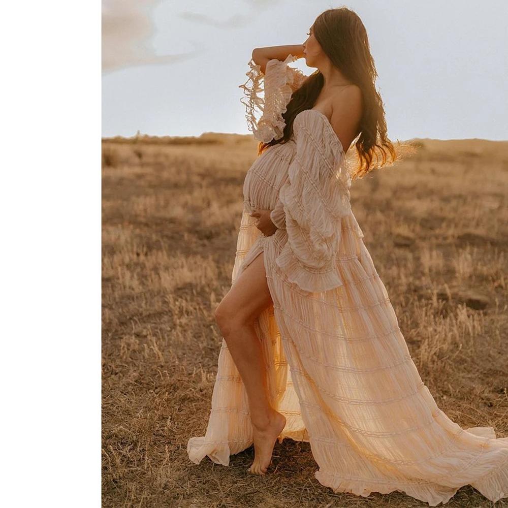 Robe bohème en mousseline de soie plissée à manches longues pour femmes enceintes, robes d'alter pou