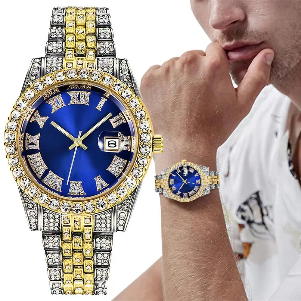 Montre de luxe Hip Hop en acier inoxydable pour hommes, couleur or, calendrier, strass pavés glacés