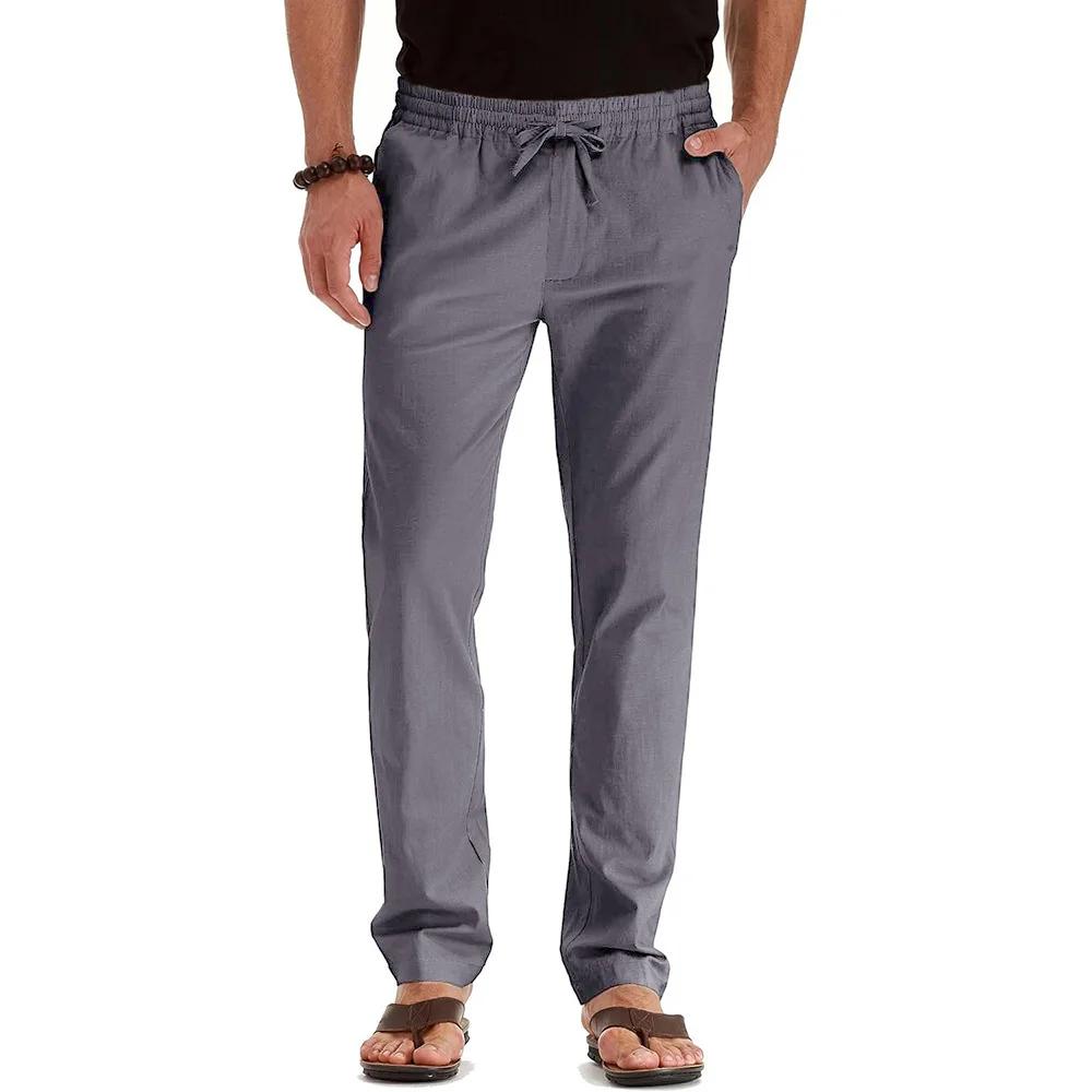 Pantalon Long en coton et lin pour hommes, décontracté, hawaïen, jambe droite, survêtement léger, no