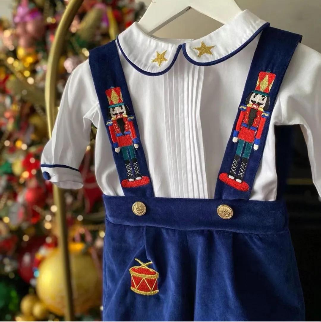 Ensemble bébé garçon 0-6 ans automne hiver rouge bleu velours casse-noisette broderie Vintage pour E