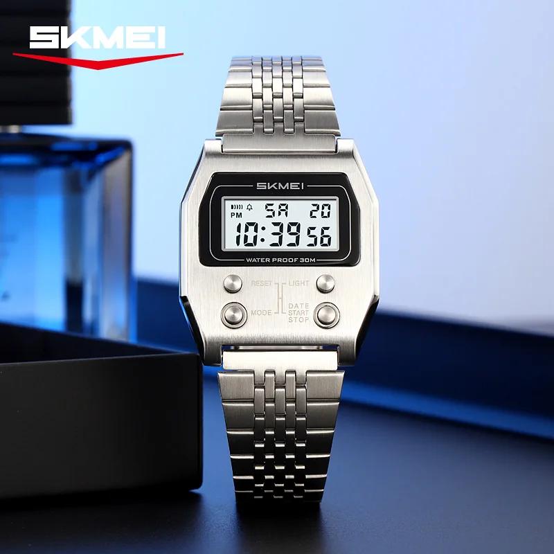 SKMEI 2460 montre numérique de sport étanche pour hommes en acier inoxydable de luxe rétro LED révei