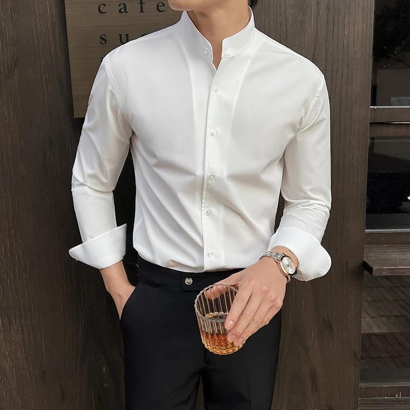 Chemise à col montant pour hommes, nouveau Style chinois, haut de gamme, manches longues, élastique,