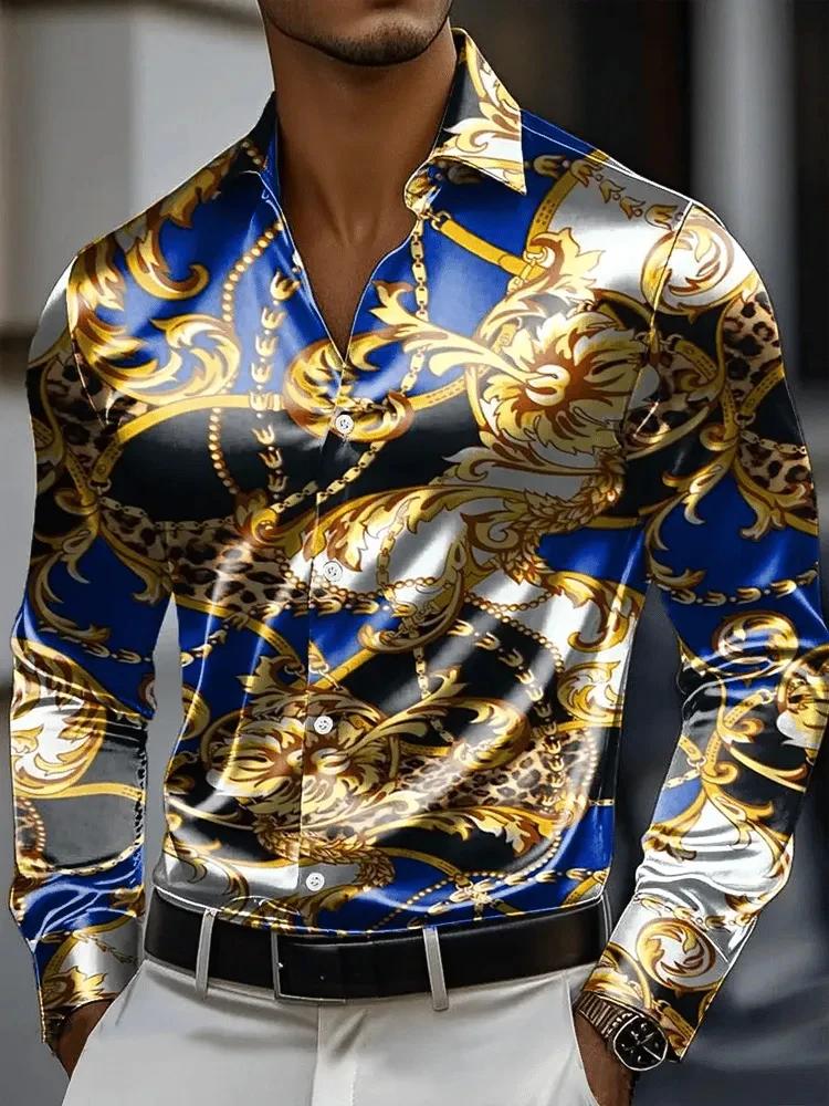 Chemise pour hommes 3D Vintage chaîne impression Polyester tissu extérieur rue à manches longues bou
