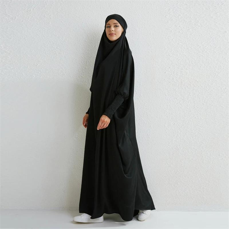 Abaya musulman à capuche manches smockées une pièce Robe de prière femmes Jilbab vêtements islamique