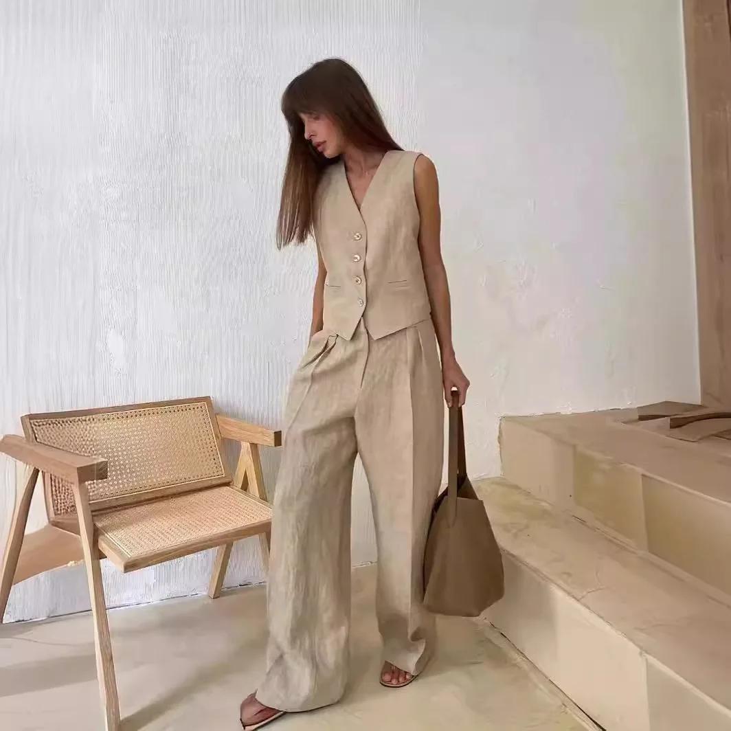 2025 nouvelles femmes lin coton Chic gilet et pantalon costume deux pièces ensemble bureau dames été